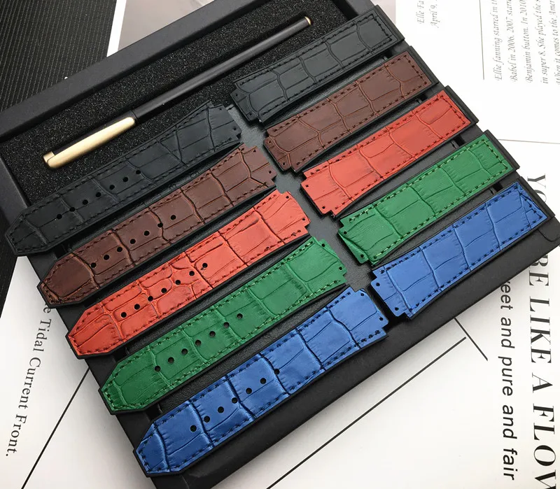 

Top Brand Quality 25*17mm Cow Real Leather With Rubber Silicone Watchband Watch Band for Hublot Strap for Big Bang Belt Logo On