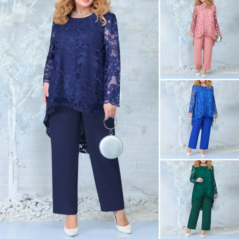 

1 Set Fashion Summer Women 2 Pieces Blouse Trouser Set Hollow Out Irregular T-shirt Pants Lace Patchwork Suit Outfit Streetwear