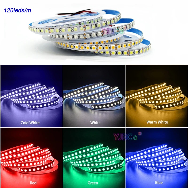 12V 5M White/Warm White/Red/Green/Blue/RGB/CCT Flexible LED Strip 120LEDs/m Light Bar 60LEDs/m 5050 SMD Lamp tape IP20/IP65