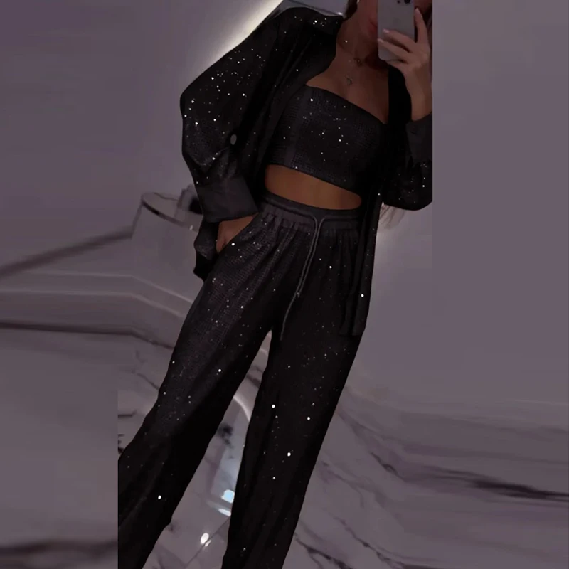 Фото Casual Lapel Shirt Commuting Suit Elegant Club Party Multi-color Outfit Fashion Sequin Long Sleeved Women 3 Piece Set For Spring №2