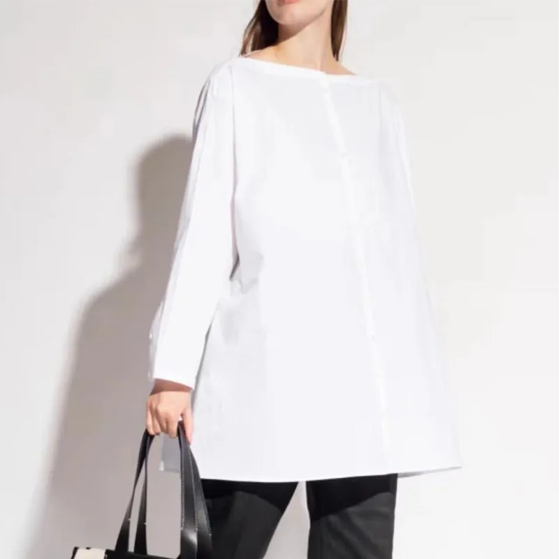 

Women Cotton White Straight Shirt Dress Long Sleeve Single Breasted Slash Neck Simple Ladies Mini Robes