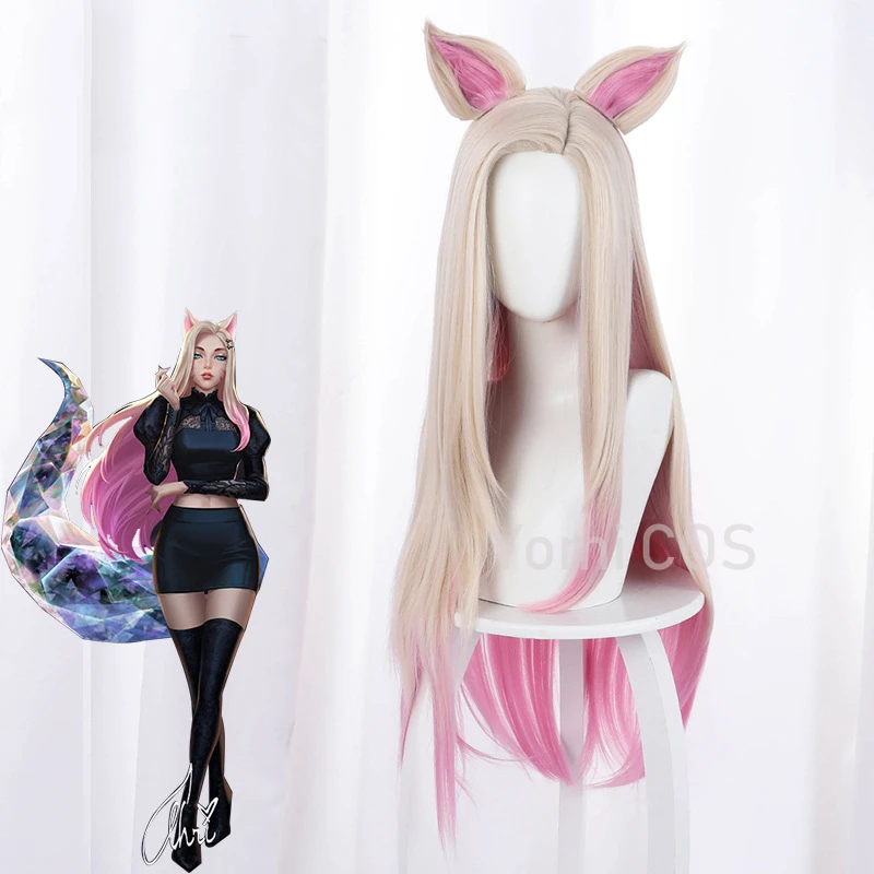 

League of Legends LOL KDA Ahri Wig Yellow Gradient Pink Long Hair Ear Cos Wig Halloween Cosplay Wig Mixed Pink Pelucas with Ears