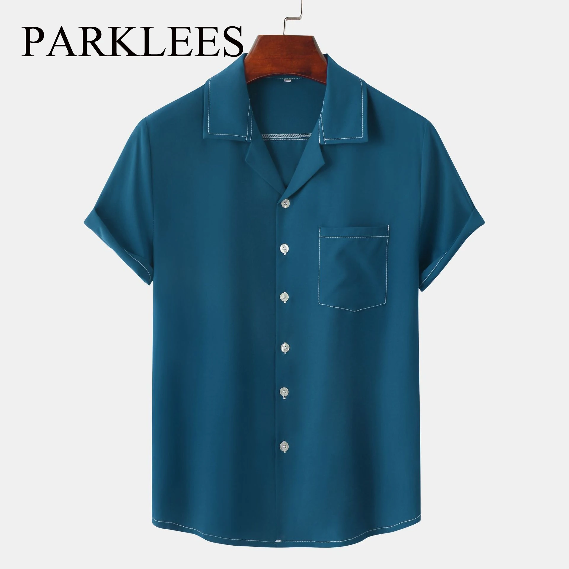 

Parklees Navy Blue Cuban Collar Men Shirt Camp Guayabera Summer Short Sleeve Shirt Casual Solid Button Down Hawaiian Beach Shirt