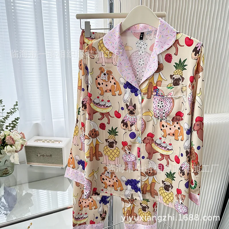 

French 2023 Luscious Dessert Dog & Ice Silk Women’s Long Sleeve Pajama Set for Comfortable Nights Fashion Sleepwear Women Home