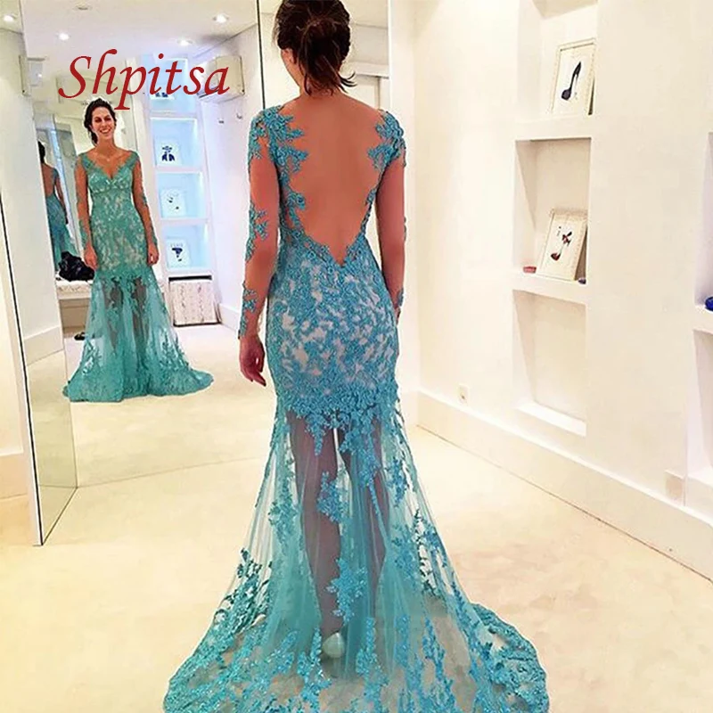 

Sexy Long Sleeve Lace Mermaid Evening Dresses Party Plus Size Women Girl Tulle Dinner Celebrity Prom Formal Gowns