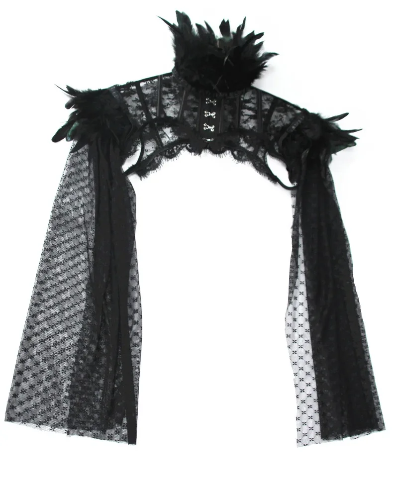 

Nightclub Punk Feather Collar Shoulder Long Sleeve Feather Decoration Lace Cape Goth Witch Cosplay Wrap Halloween Party Costume