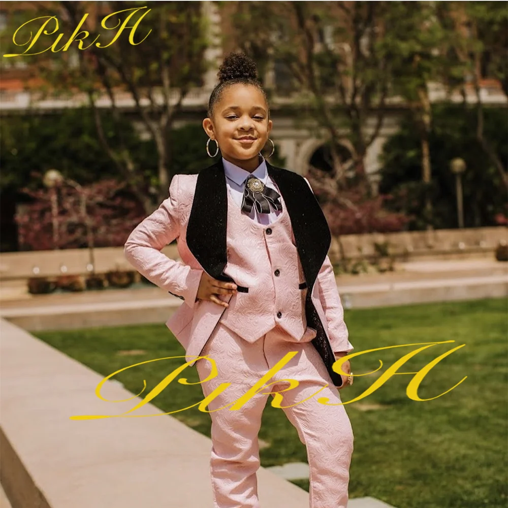 Pink Kids Suit 3 Piece Floral Jacket Pants Vest Bow Tie Wedding Tuxedo Clothes Child Blazer Set Custom 3-16 Years Old Full Outfi