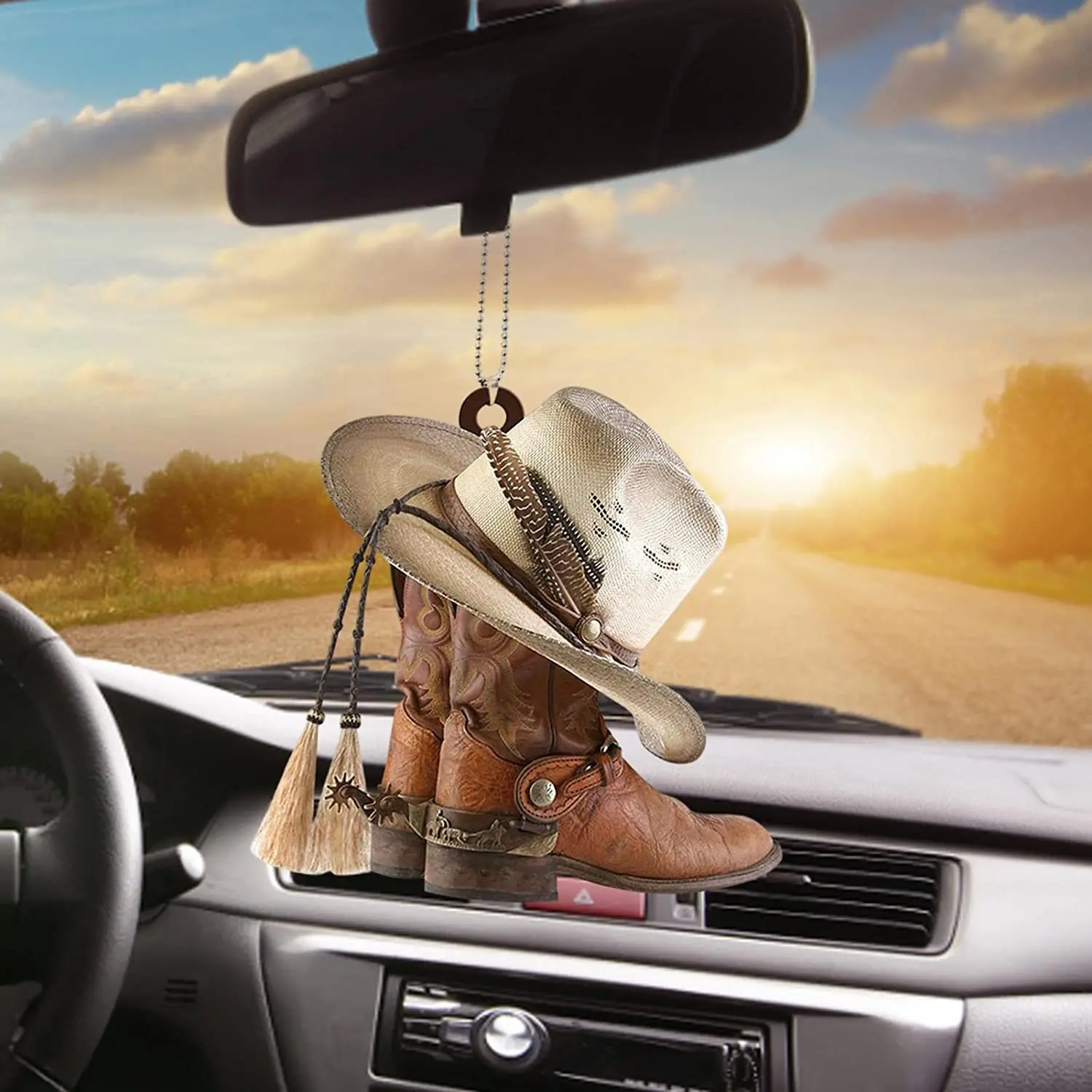 

1PCS Car Cowboy Boots Hat Flat Charm Retro Acrylic Decoration Auto Rearview Mirror Charm Personalized Car Interior Decoration