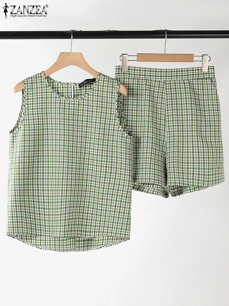 Женские короткие комплекты в клетку 2024 ZANZEA повседневные наряды на бретелях с