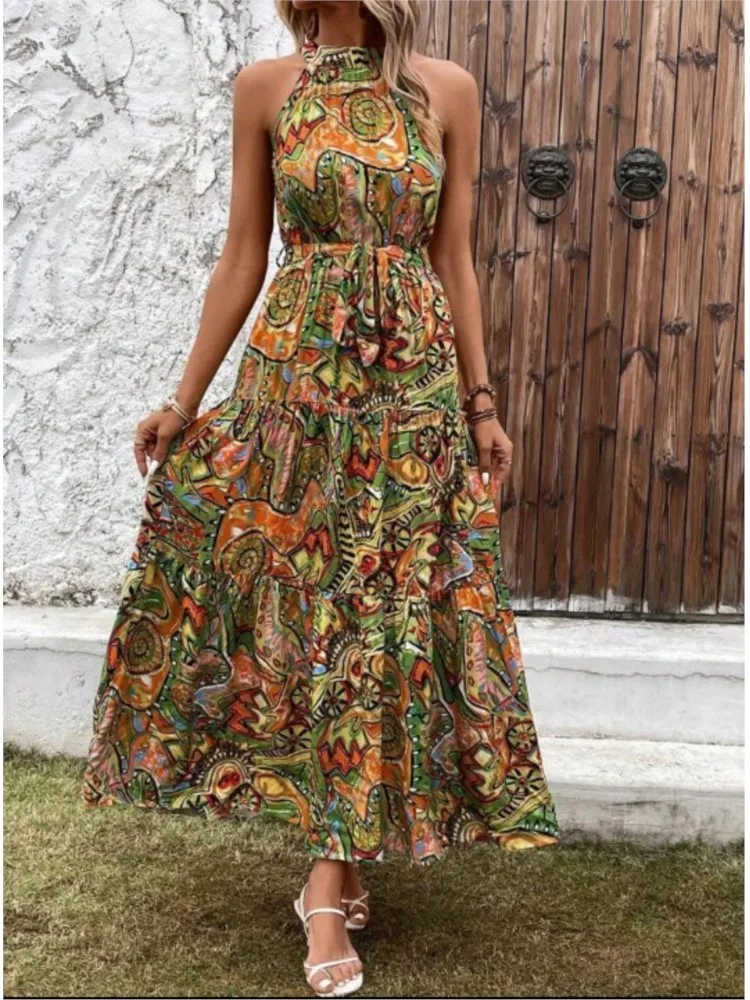 Женское платье с принтом элегантное без рукавов О-образным вырезом и открытыми