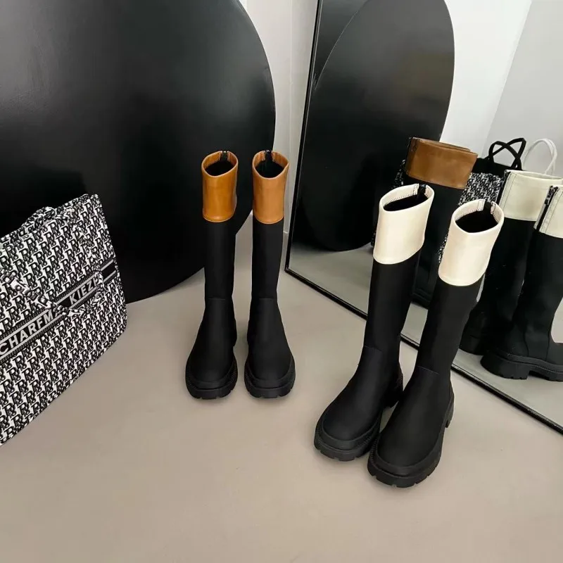 

Women Long Boots Thick Sole Knight Knee High Boots Designer Round Toe PU Leather Autumn Shoes Black Female Chelsea Booties