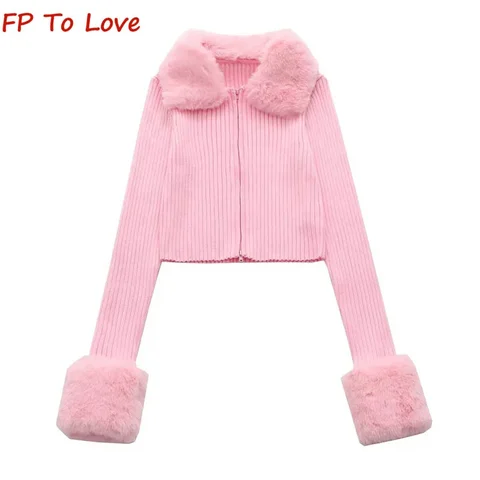 Осенне-зимний розовый приталенный свитер Спайс для девочек с коротким рукавом сексуальный съемный воротник для волос трикотажная куртка с двойной молнией женский топ