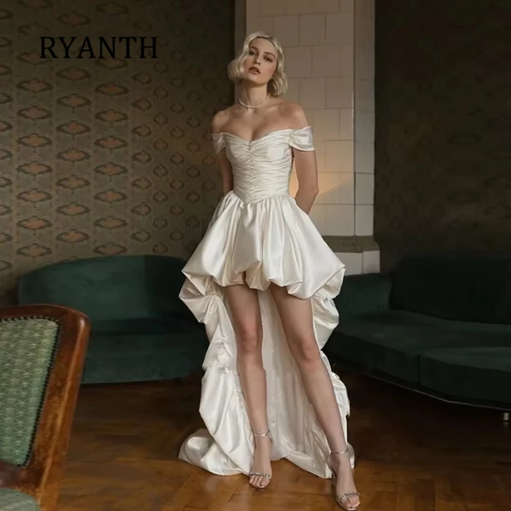 Фото Атласное платье RYANTH с открытыми плечами для выпускного вечера для подростков, асимметричное, с драпировкой, на шнуровке сзади, свадебное платье, на заказ №2