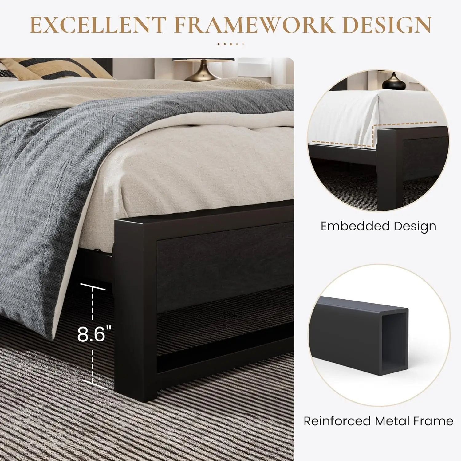 Каркас двуспальной кровати с деревянным изголовьем сверхпрочная металлическая