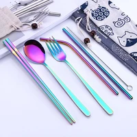 7pcs chopsticks cutlery stainless steel tableware straw fork spoon family travel camping cutlery