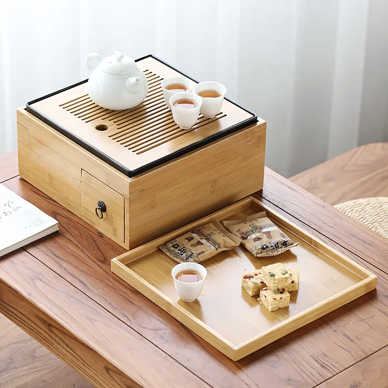 

Rectangular Bamboo Tea Tray Wooden Drawer Table Oriental Kungfu Tray Storage Living Room Platos Bambu Tea Ceremony Set OB50CP