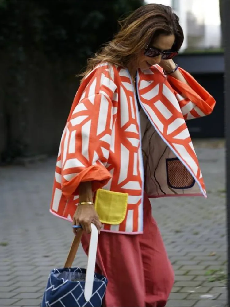 

Women Fashion Print Reversible Cotton Coat Long Sleeved Zipper Loose Jacket 2023 Autumn Female Causal High Streetwear Outwear