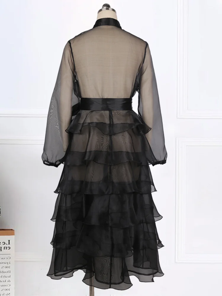 Fashion Women Black Party Dress Sexy See Through Long Sleeve Ruffle Dresses Birthday Event Celebrity Vestidos Gowns Big Size XL