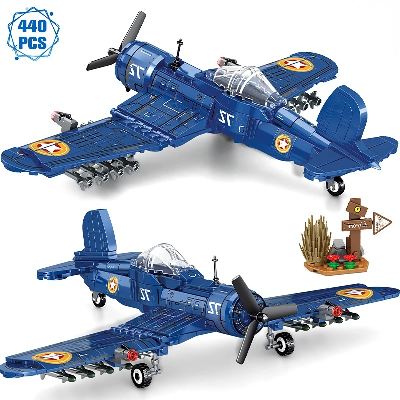 

WW2 Military F4U Fighter Technical Bomber Model Building Blocks Attack Aircraft Helicopter Bricks Toys Festival Gift for Boys