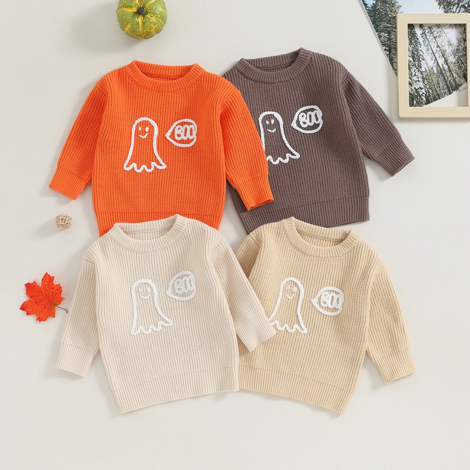 

Kids Boys Girls Sweater Ghost Letter Embroidery Crew Neck Long Sleeve Pullovers Fall Toddler Clothes Jumpers Tops