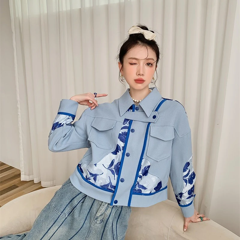 

Blue Woolen Coat Women Turn-Down Collar Full Sleeve Vintage Jacket Women 2022 Spring Autumn High Quality Short Coats Female 2842