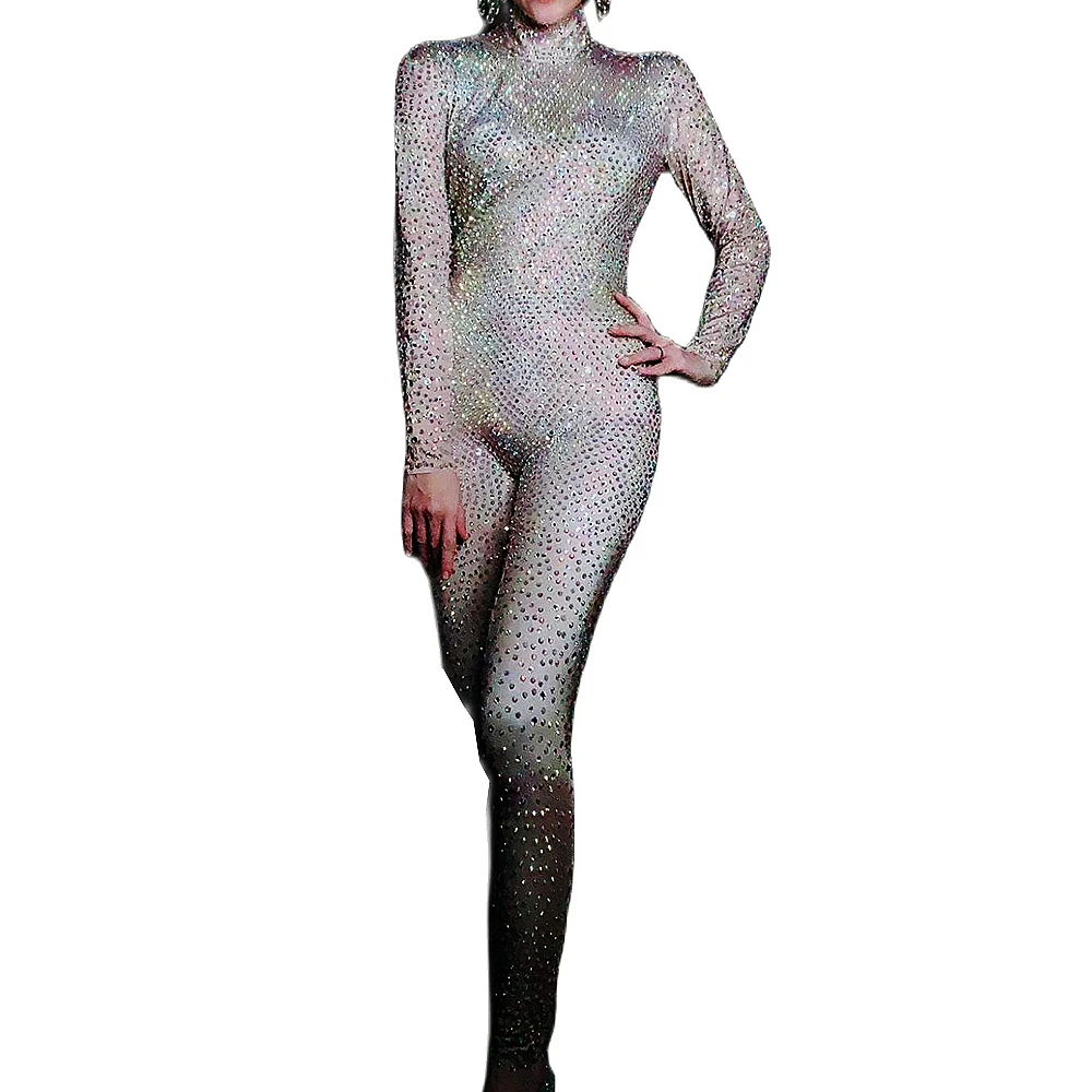 

Skinny Stretch Women Long Sleeve Outfit Sparkling Rhinestones Backless Playsuits Jazz Dance Costumes Nightclub Singer Stage Wear