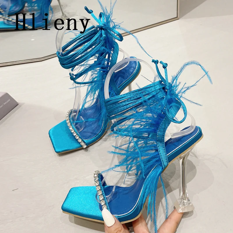 

Hlieny Size 35-41 Sexy Rhinestone Womens Sandals Fashion Fuzzy Feather Summer Transparent High Heels Party Banquet Shoes Green