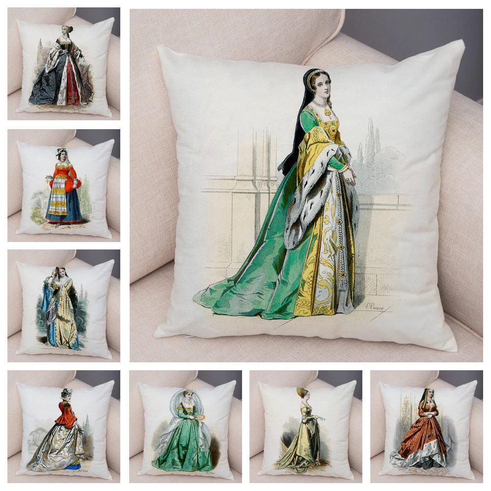 

Винтажный европейский национальный костюм, наволочка для подушки, Декор, мультяшная женщина, леди, девочка, наволочка для дивана, домашний А...
