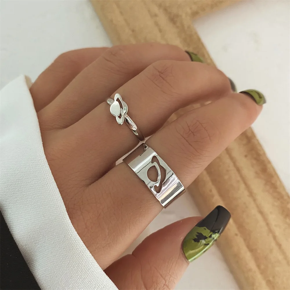 

JOZY Silver Color Punk Spaceship Planet Rings For Women Men Hip Hop Lover Couple Ring Set Wedding Band Open Ring Trend Jewelry