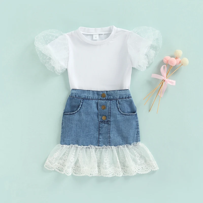 

Модный комплект одежды для маленьких девочек из 2 предметов, футболка с кружевными пышными рукавами и юбка из джинсовой ткани на пуговицах, летняя одежда