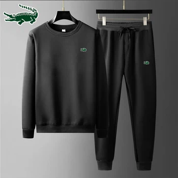 2023 New high-quality men's leisure sports round neck hoodless sweater pullover+outdoor running pants set 1
