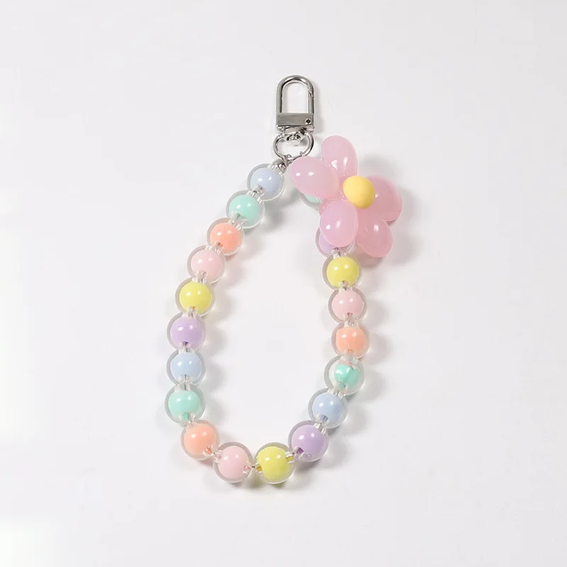 2pcs Colorful Round Flower Beads Lanyards KeyChains Lanyard Bead Wriststrap For Diy Phone Case Pendant Handmade Chain Decorative