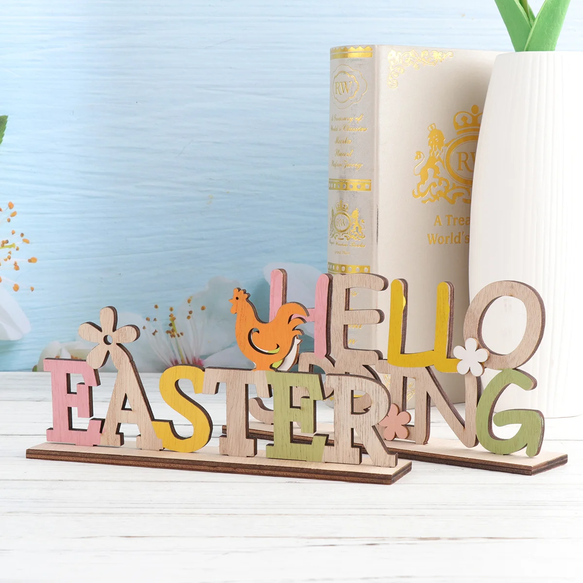 

2 Pcs Floral Decor Easter Wood Ornament House Gifts Easter Sign Decorations Spring Decor Easter Wood Signs Letter Plate