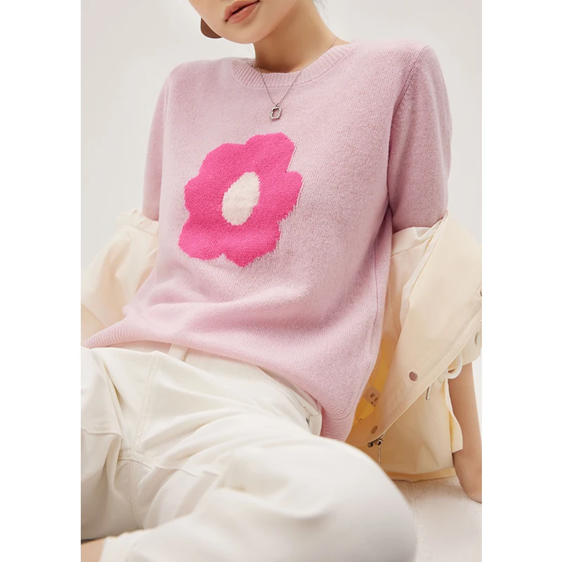 

New 2022 Wool Pullover Thin Sweater Korean Fashion Sweet O-Neck Short Sleeve Floral A-straight Knit Top Knitted Pink