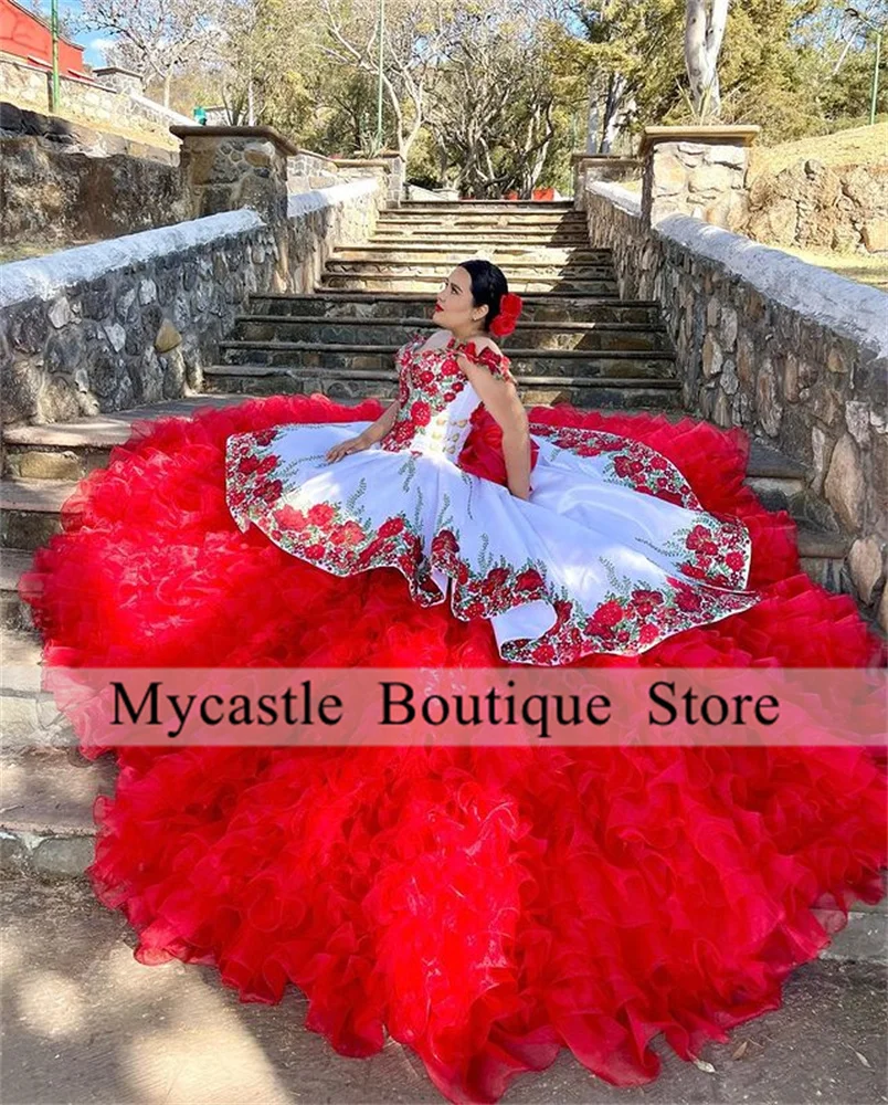 

Mexico 2 Pieces Corset Off The Shoulder Ball Gown Bead Quinceanera Dress Red Ruffles Appliques Sweet 16 Dress Girl Party Gown
