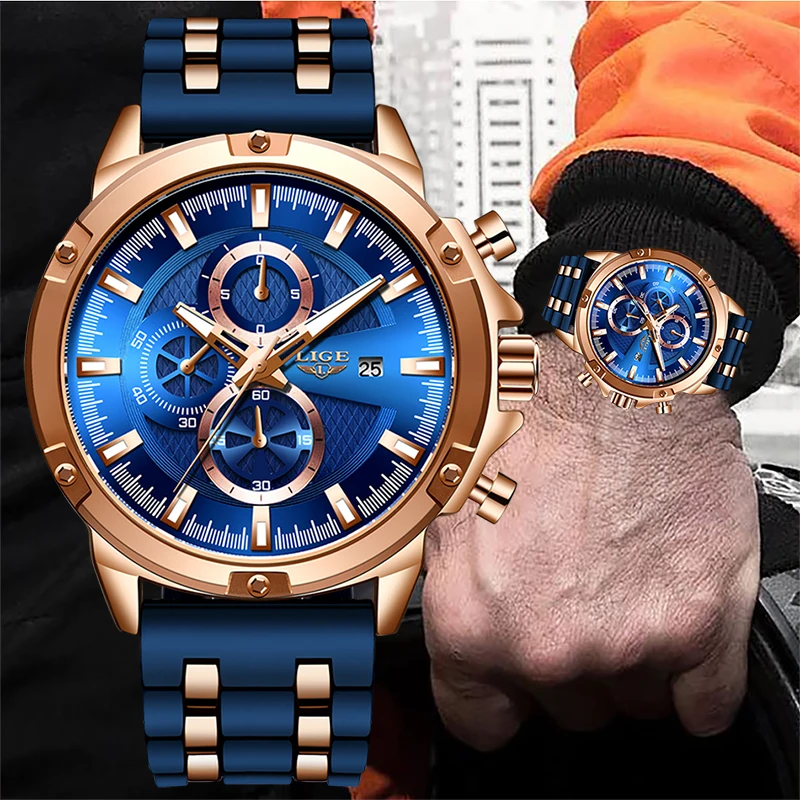 

Часы наручные LIGE Мужские кварцевые, брендовые Роскошные модные водонепроницаемые с синим силиконовым циферблатом, с хронографом, 2022