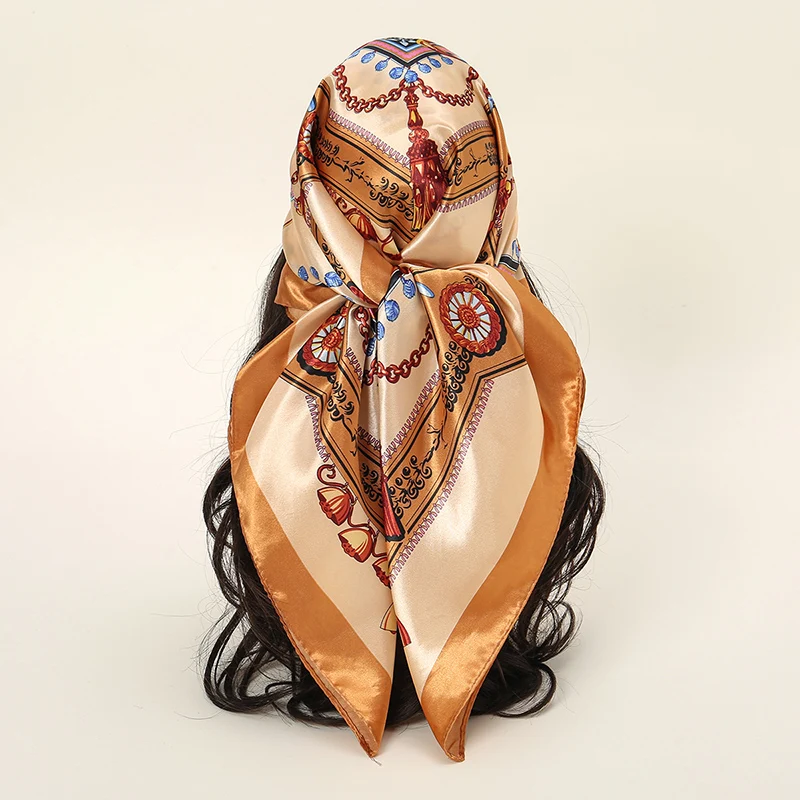 

90*90cm Silk Scarf Headwrap Women Vintage Hair Scarves Hijab Foulard Bandana Femme Headscarf Satin Neckerchief Style Rock Turban