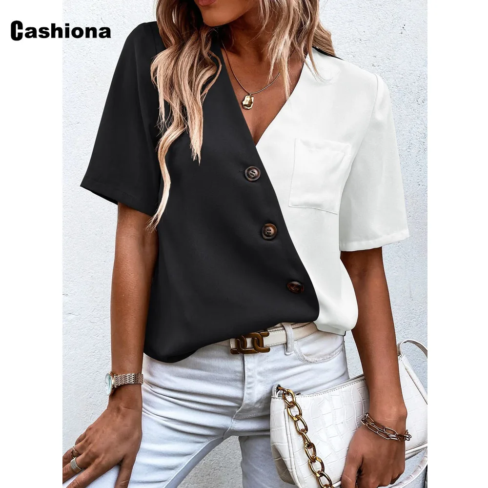 Women Fashion Irregular Buttons Shirt Sexy V-neck Blouse Short Sleeve Chiffon Tops Latest Summer Casual Shirts Clothing 2022