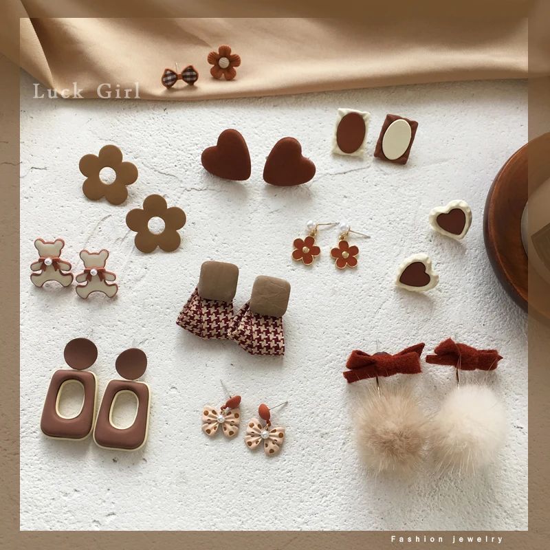 

S925 needle Autumn Winter Style Plush Ball Earrings Sweet Design Heart Bow Little Bear Flower Earrings Fashion Women Jewelry