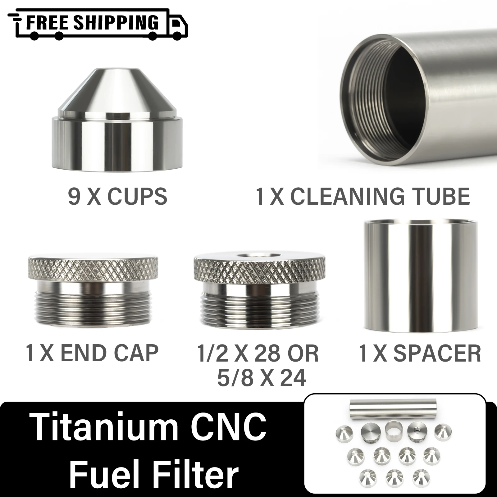 

7"L 1.45"OD Titanium GR5 Solvent Trap Fuel Filter 9x Hard Stainless Steel CNC Cups 1/2x28 or 5/8x24 End Cap + Guide Drilling Jig