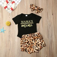 toddler kids baby outfit set girls summer letters short sleeved shirt leopard shorts hair band three piece childrens set