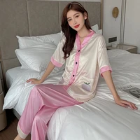 print peach casual 2 pieces pajamas satin woman summer 2022 singer breast top and pink pants home suit for women soft brief sets