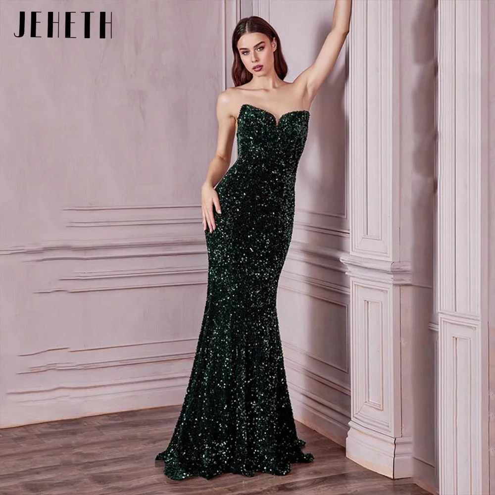 

JEHETH Green Sexy Strapless Sequin Evening Dress Mermaid Elegant Sweetheart Backless Prom Party Gown Sweep Train Robes De Soirée