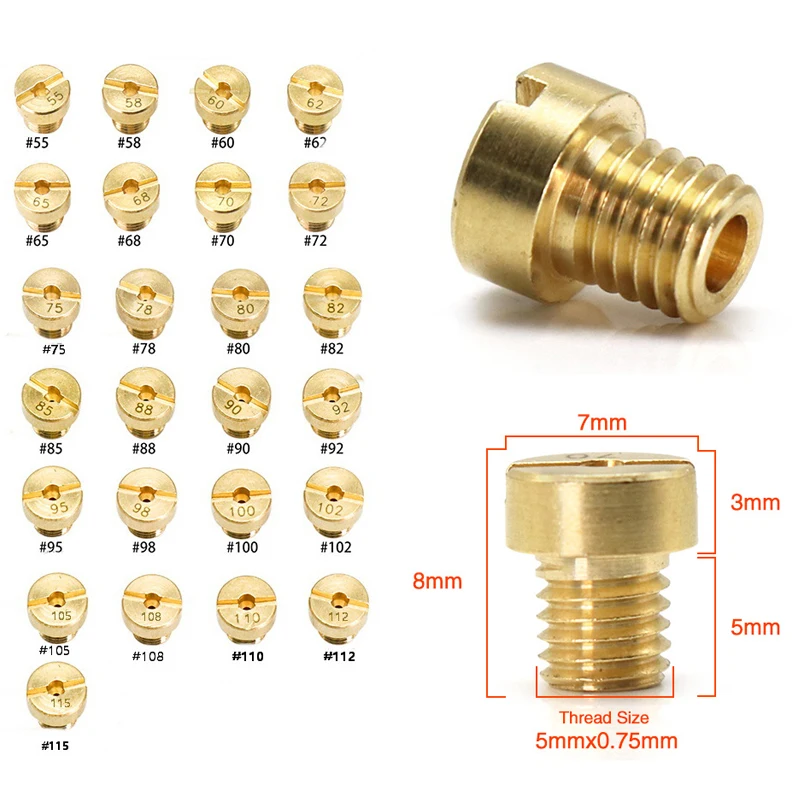 

25pcs Brass Carburettor Main Jets Carb Nozzle 55-115 M5 Set Fit for Dellorto PHNL PHVA PHBH PHVB VHS-MIKUNI VM16-20 VHSA VHSB