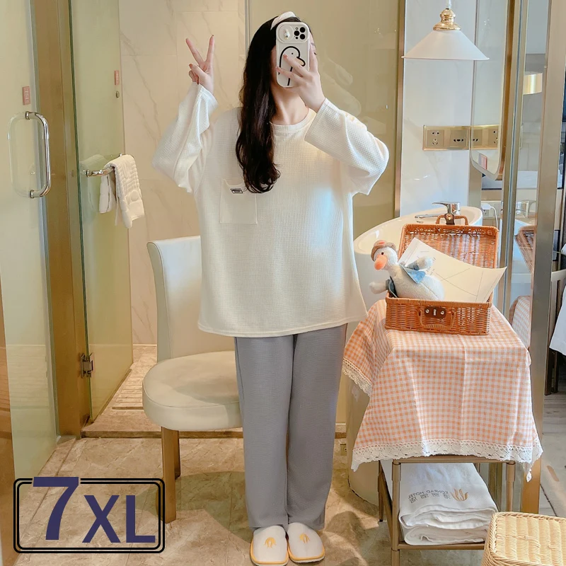 

House Suit Winter Ladies Long Sleeve Women's Pajamas 100% Cotton Waffle Pyjamas Large Size 7XL Winter Sleeping Shirt