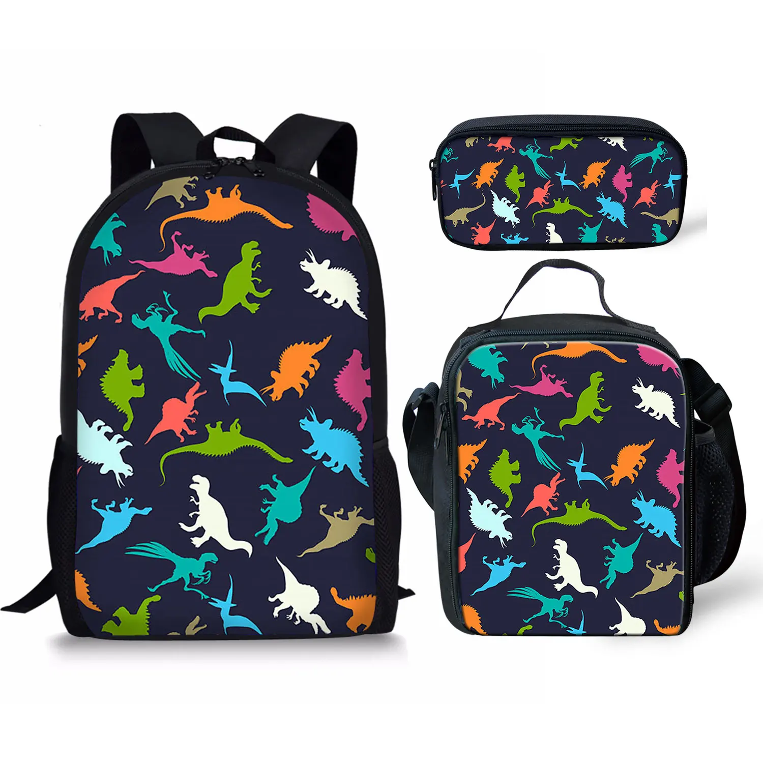 Cartoon Dinosaur Print Backpack Pencil & Lunch Bag Set Portable Travel Children's Knapsack Durable Large Capacity School Bags