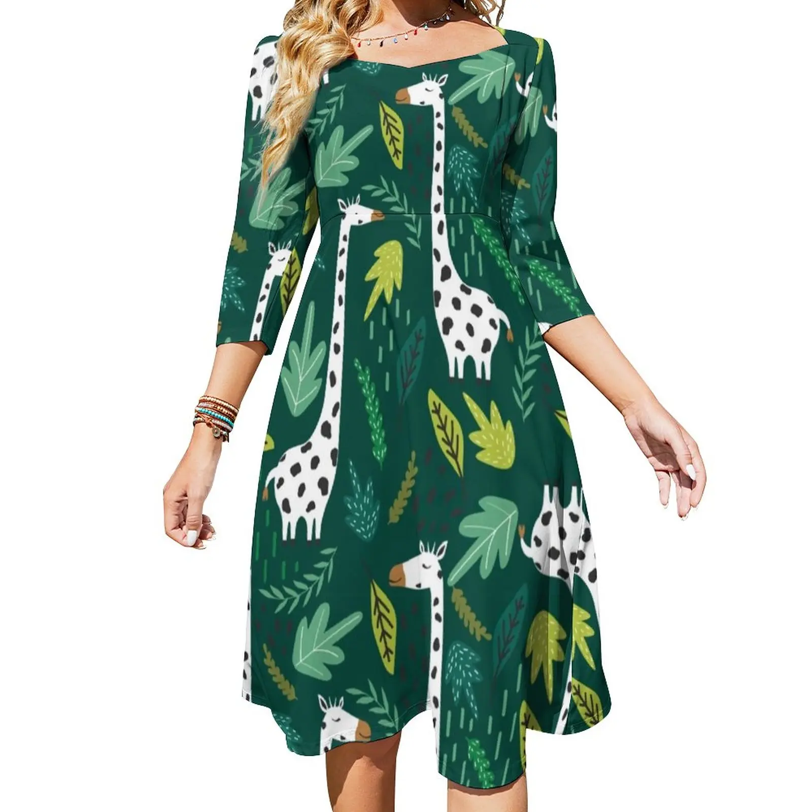 

White Giraffe Dress Summer Green Leaves Print Elegant Dresses Woman Three Quarter Aesthetic Custom Big Size Casual Dress
