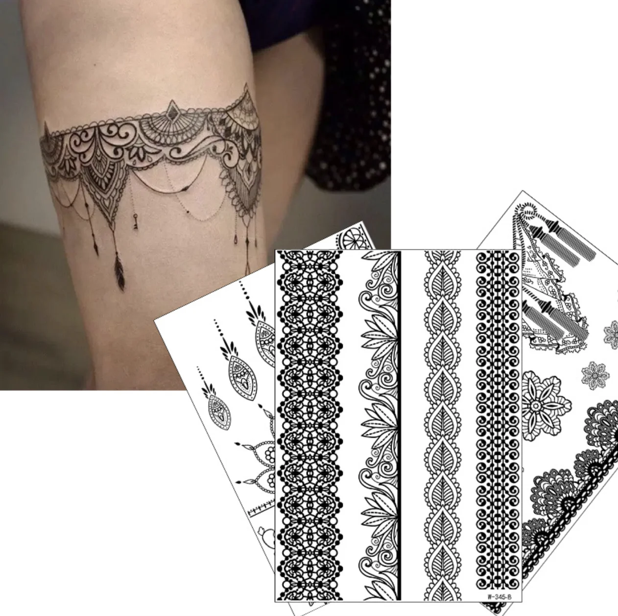 

Lace Black Flowers Waterproof Temporary Tattoo Femme 208*148mm Fake Tattoo Water Transfer Body Art Sticker