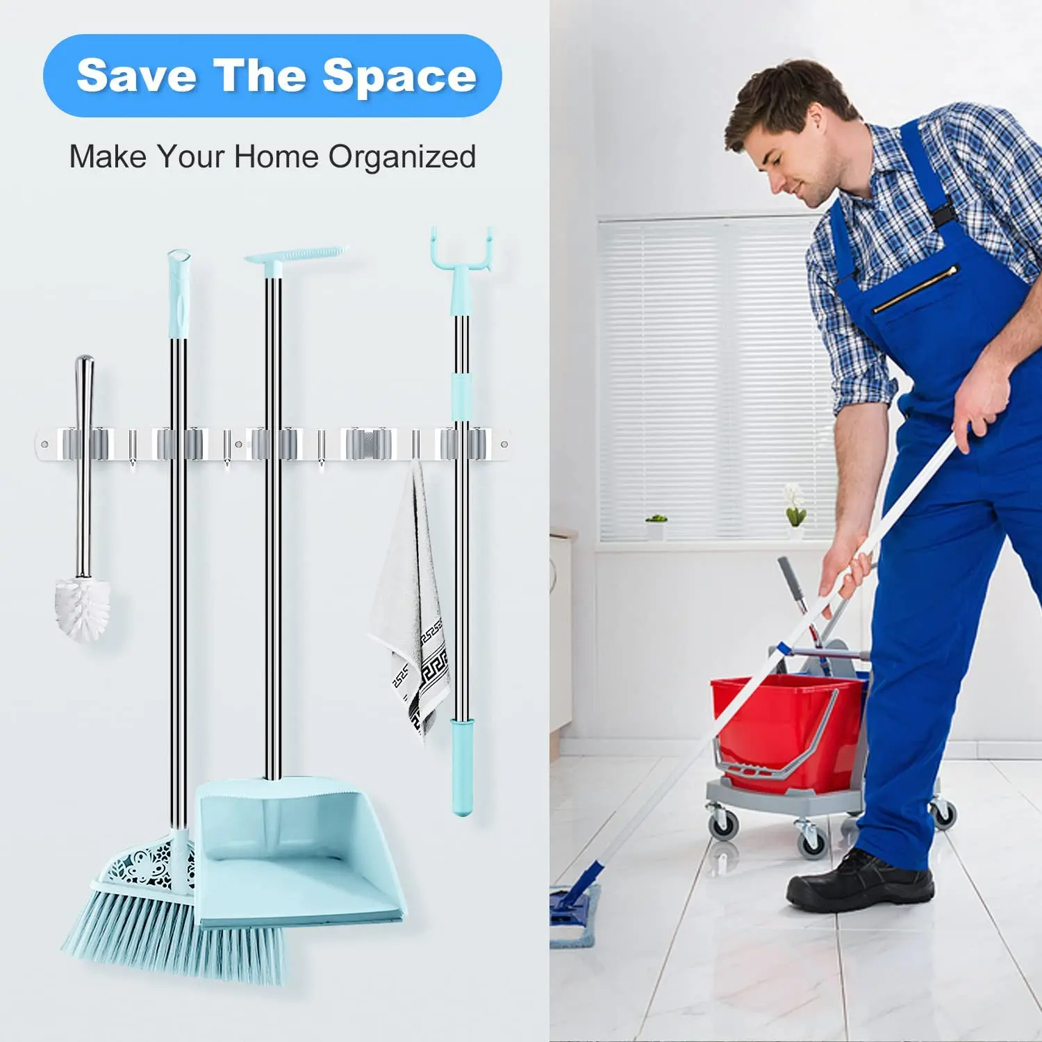 

Mop and Broom Holder Wall Mount,Stainless Steel Broom Organizer Wall Mounted Tools Hanger, Home Kitchen Garden Garage Room