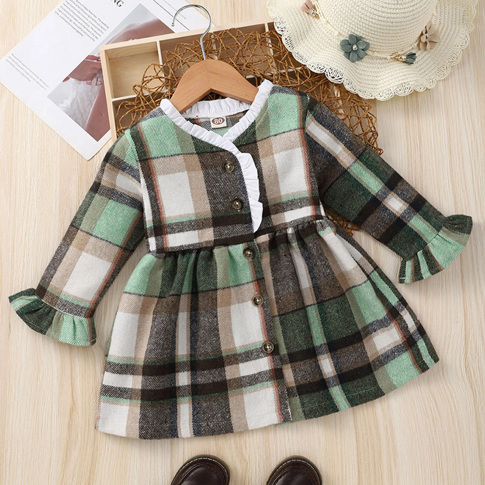 

Fashion Infant Toddler Girls Child Buttons Long Sleeve Grid Prints Dresses Princess Dress Fancy Baby Girl Dresses Size 12 Months